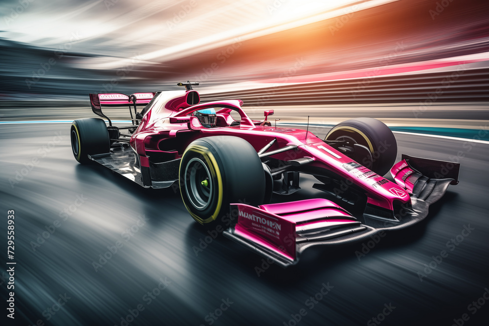 Epic modern formula 1 car driving fast on the track with blurred background