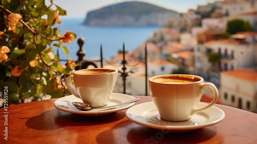 Traditional Greek coffee on the balcony with a beautiful Greek Mediterranean city in the background, A cup of coffee or tea on a blurred background of the evening Greek seascape. photo