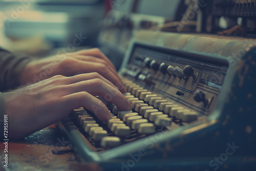 A close-up image capturing an old man typing on an old typewriter, focusing on his hands as they press the keys. photo