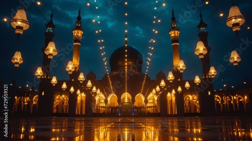 Nighttime view of a mosque adorned with sparkling string lights, creating a festive and spiritual atmosphere.
