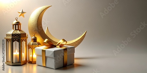 Islamic background, lantern, gold crescent moon on white. Design concept of Ramadan Kareem, mawlid, Iftar, Isra and Miraj or Eid Al Fitr Adha. 3D illustration photo