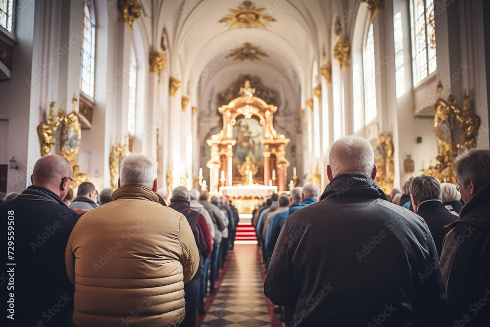 Holy mass in Christian church, Inside a spacious church, people are praying quietly - obrazy, fototapety, plakaty 