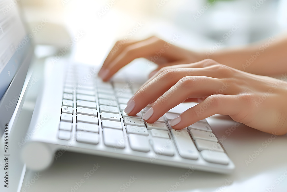 A close-up image capturing a woman typing on a computer keyboard, focusing on his hands as they press the keys. A close-up image capturing a woman typing on a computer keyboard, focusing on his hands as they press the keys.