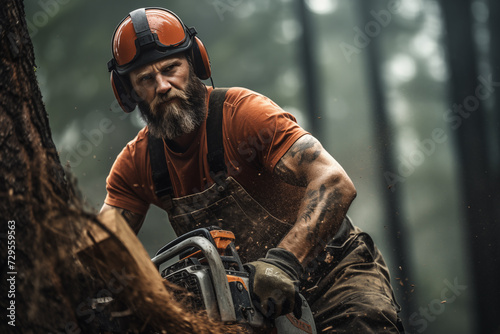A lumberjack is cutting down trees in the forest with a chainsaw. Woodcutter saws tree with chainsaw on sawmill, © Steam visuals