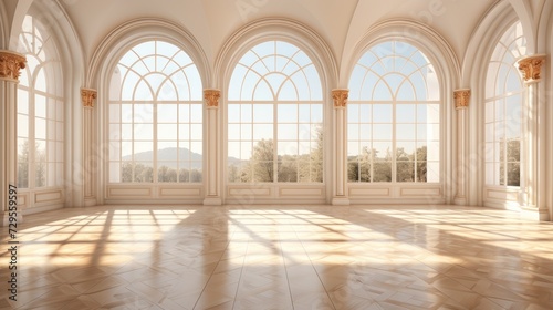 Empty elegant spacious room with big windows, empty banquet hall warm sunlight, and wooden floors.