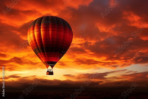 Illuminated by the fading sunlight, a hot air balloon silhouette lifts above the horizon, copy space © Radmila Merkulova