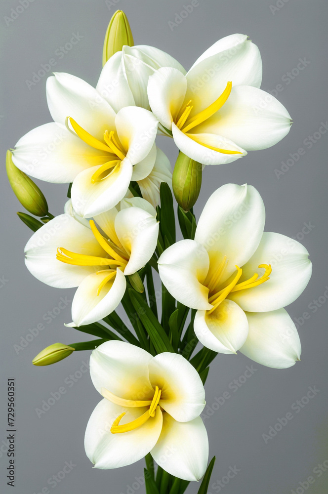 Fototapeta premium a bouquet of Freesia white flowers white flowers with yellow centers and green stems. ai generative