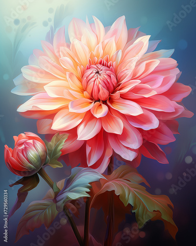 Dahlia flower. Flower with stem and leaves. Illustration of a dahlia in a realistic style on a blurred background photo