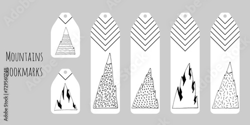 Simple hand draw bookmarks template in doodle style. Black line mountains. Scandinavian style vector bookmarks template. Minimalistic kids bookmarks for reading. Isolated on gray background. 