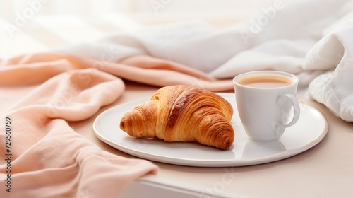 Breakfast in bed with coffee and croissants in the morning light