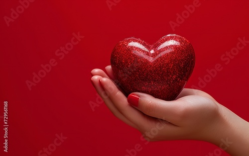 Red heart on hand with technical connections against a clean red backdrop with empty space  Generative AI.