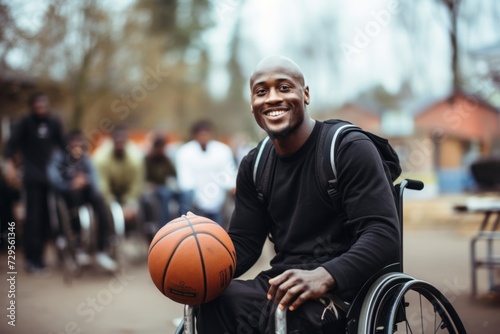Happy young disabled basketball player holding a ball while sitting on wheelchair outdoors