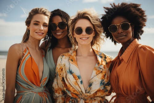 Group of smiling diverse multi-ethnic women in fashionable attire bonding on the beach together