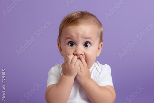 Nervous baby boy and biting nails in studio with oops reaction to gossip on purple background