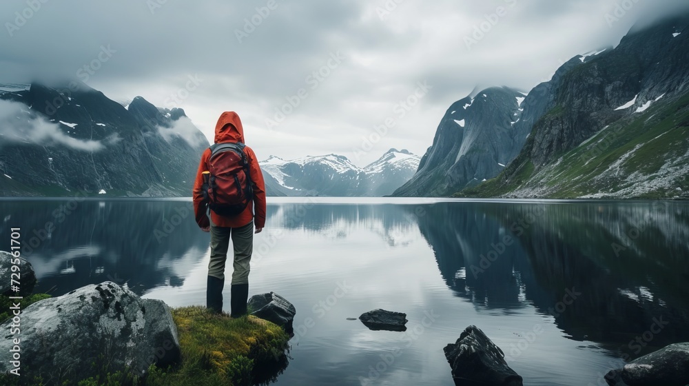 Man traveling alone in mountains Travel lifestyle exploring concept adventure outdoor summer vacations in Norway wild nature water reflection 