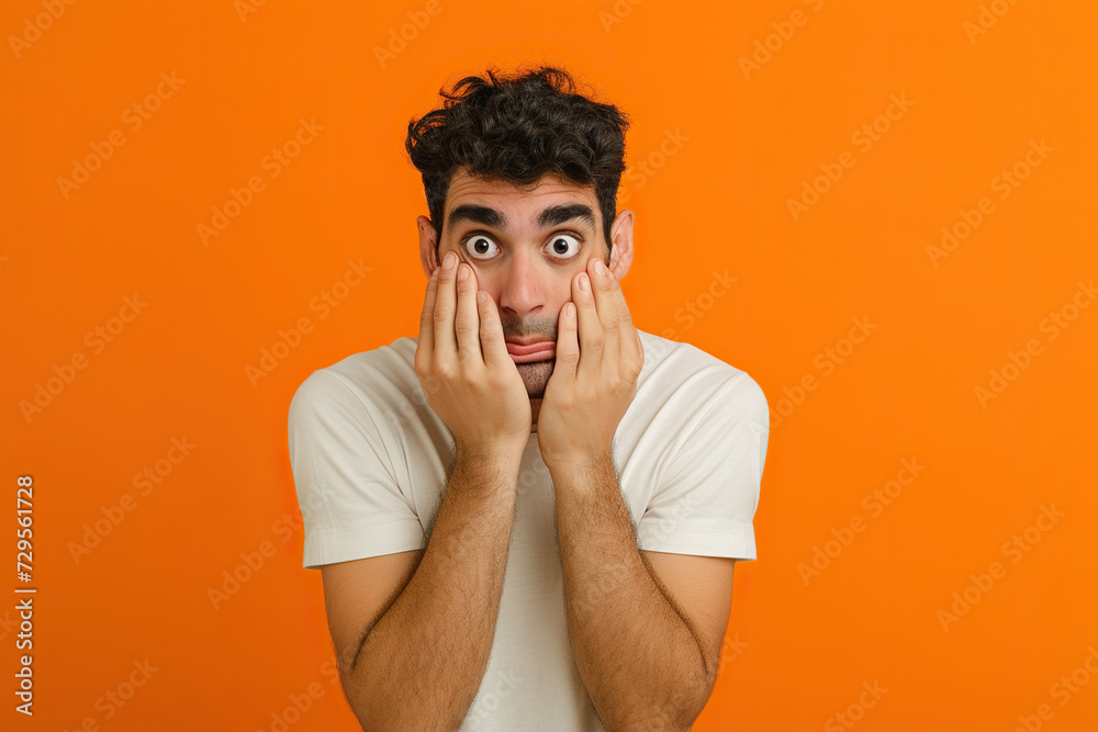 Nervous Latin man and biting nails in studio with oops reaction on orange background. Mistake, fake news, drama or secret with regret, shame or awkward Nervous Latin man and biting nails in studio with oops reaction on orange background. Mistake, fake news, drama or secret with regret, shame or awkward