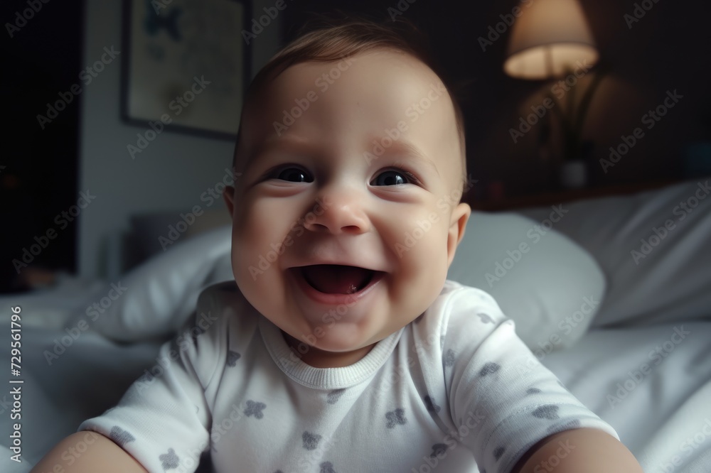 happy little baby 5-9 months old in a bodysuit sits on a bed on a white bed linen, smiling. The concept of children's products.. generative AI happy little baby 5-9 months old in a bodysuit sits on a bed on a white bed linen, smiling. The concept of children's products.. generative AI