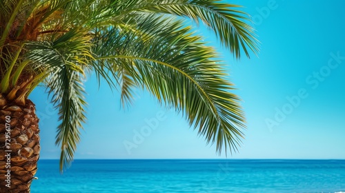 Palm tree against the background of the sea and blue sky  free space for text  screensaver idea or background for advertising and desktop wallpapers. Summer holidays on the Mediterranean