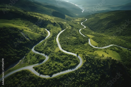 Aerial view of beautiful winding road among green forest and mountains
