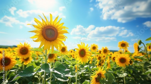 Sunflowers bloomed in farm field with sky background desktop wallpaper