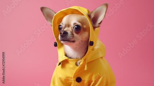 funny chihuahua dog posing in a yellow raincoat on a yellow background. raincoat for dogs .generative AI