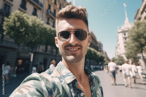 Happy tourist in sunglasses in Barcelona, Spain - Smiling man taking selfie on city street - Tourism and vacation concept. generative AI © inna717