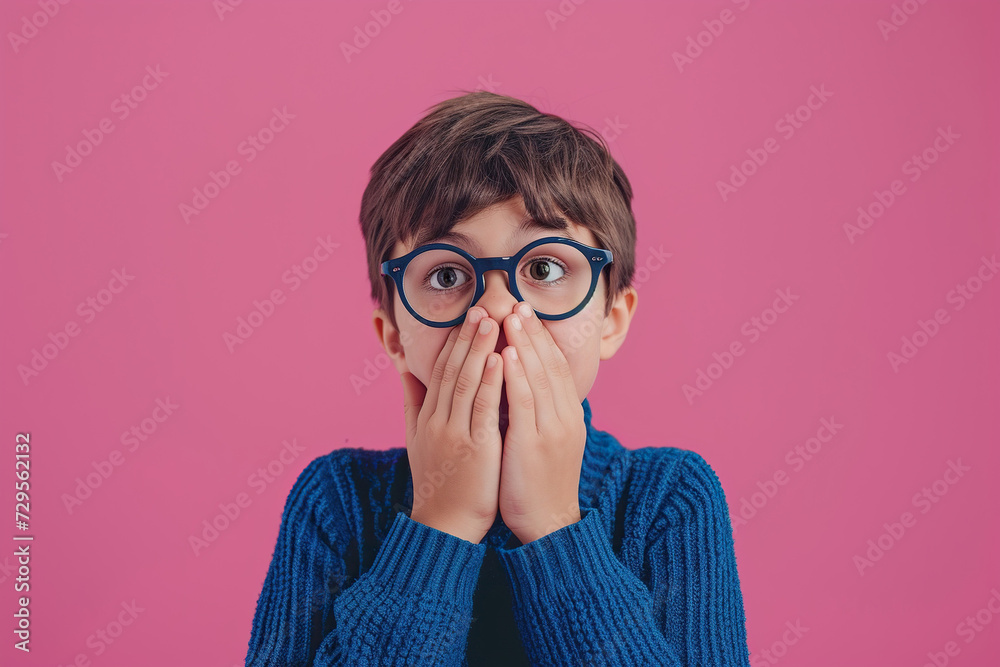 Nervous school boy in studio with oops reaction on pink background. Mistake, sorry, drama or secret with regret, shame or awkward Nervous school boy in studio with oops reaction on pink background. Mistake, sorry, drama or secret with regret, shame or awkward