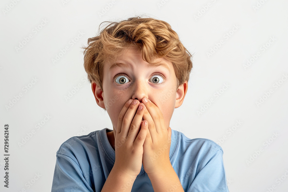 Nervous school boy in studio with oops reaction on white background. Mistake, sorry, drama or secret with regret, shame or awkward Nervous school boy in studio with oops reaction on white background. Mistake, sorry, drama or secret with regret, shame or awkward