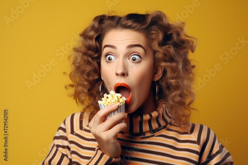 Portrait of a surprised young girl with bright makeup, isolated on purple background, eating popcorn.