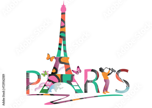 Abstract colorful Lettering Paris decorated with summer and spring butterflies. Hand drawn vector illustration.