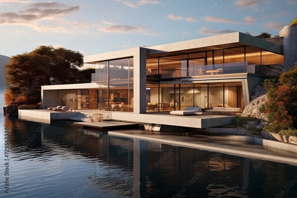 Fototapeta premium Large luxury lake side villa with two floors and scenic view