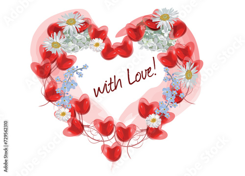 Heart from little red hearts decorated with flowers for romantic background. Hand drawn vector illustration.