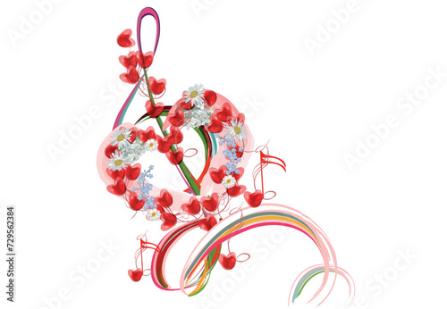 Abstract musical design with a treble clef and musical flowers, notes and hearts. Love music. Hand drawn vector illustration.