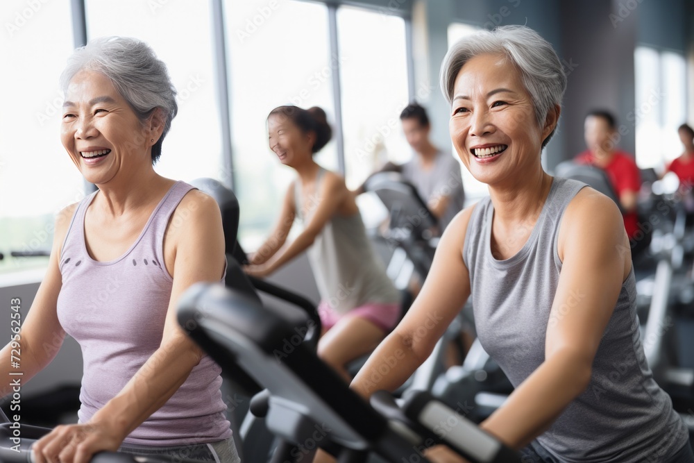 Active Asia senior old woman people training exercise on stationary bike for fit healthy at home gym. Active Asia senior old woman people training exercise on stationary bike for fit healthy at home gym.
