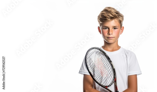 Cheerful boy in sportswear playing tennis in studio © Danko