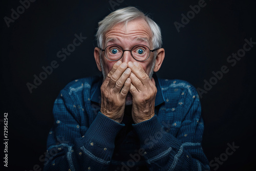 Nervous senior man in studio with oops reaction on black background. Mistake, sorry, drama or secret with regret, shame or awkward
