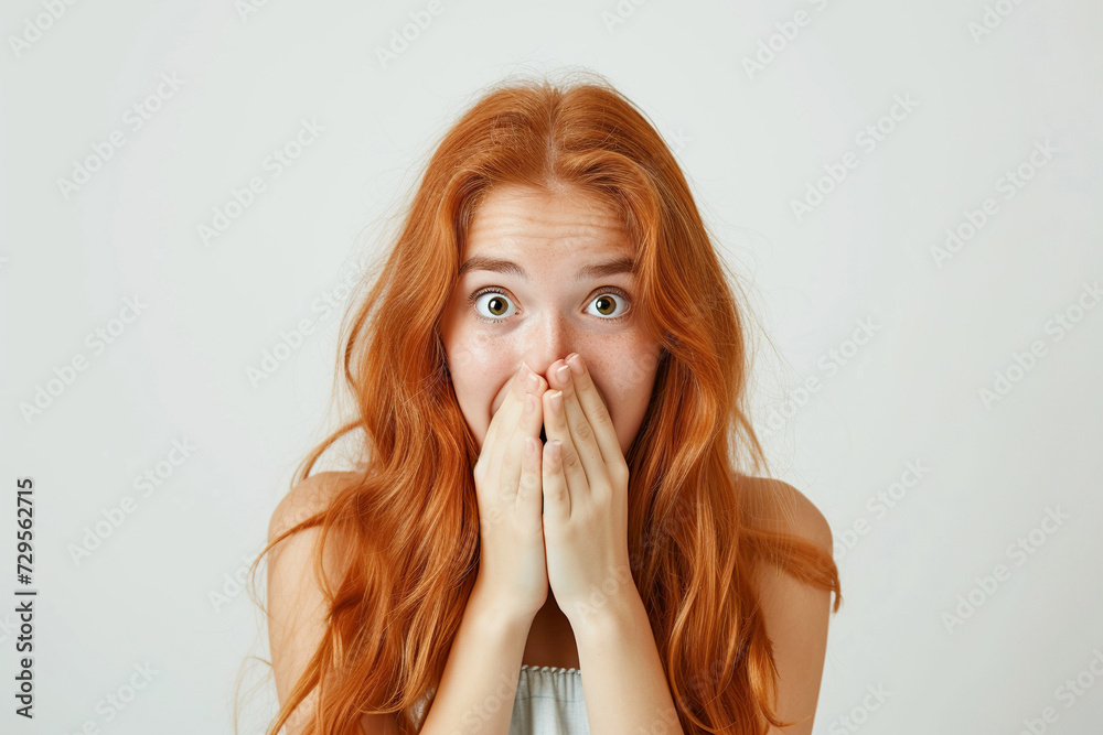 Nervous teenager girl in studio with oops reaction on white background. Mistake, sorry, drama or secret with regret, shame or awkward Nervous teenager girl in studio with oops reaction on white background. Mistake, sorry, drama or secret with regret, shame or awkward