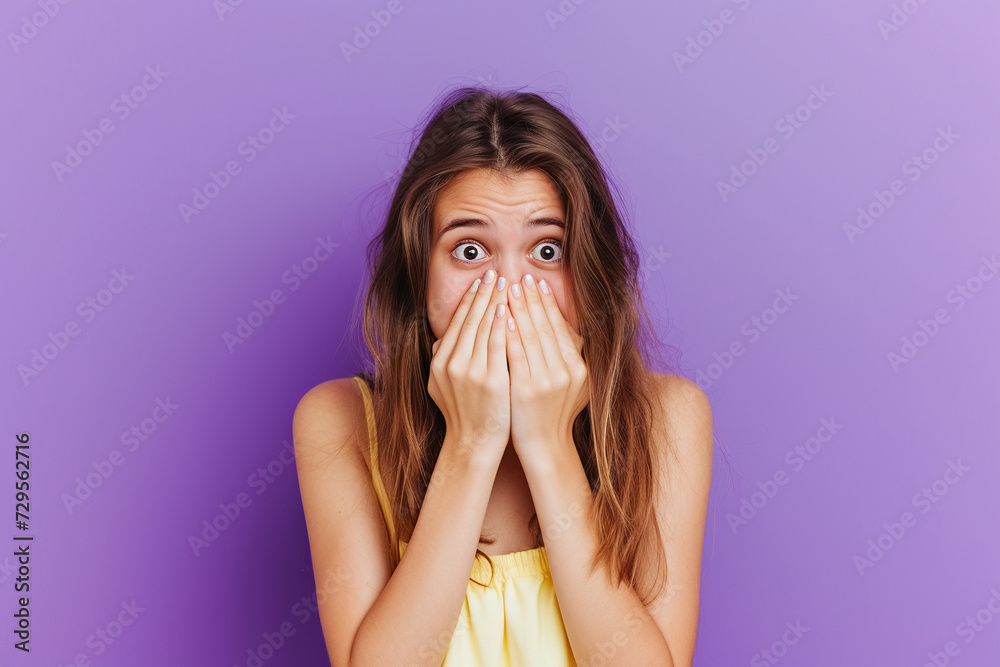 Nervous teenager girl in studio with oops reaction on purple background. Mistake, sorry, drama or secret with regret, shame or awkward Nervous teenager girl in studio with oops reaction on purple background. Mistake, sorry, drama or secret with regret, shame or awkward