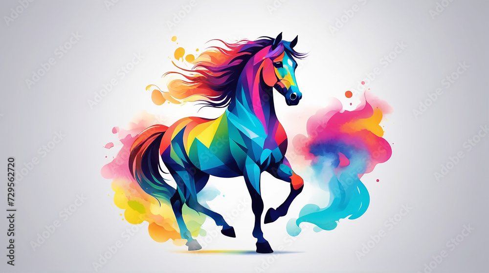 Fototapeta premium Minimalist Neon Line Horse Logo with Geometric Design, Vibrant Smoke Effects White Background with t-shirt design ai art