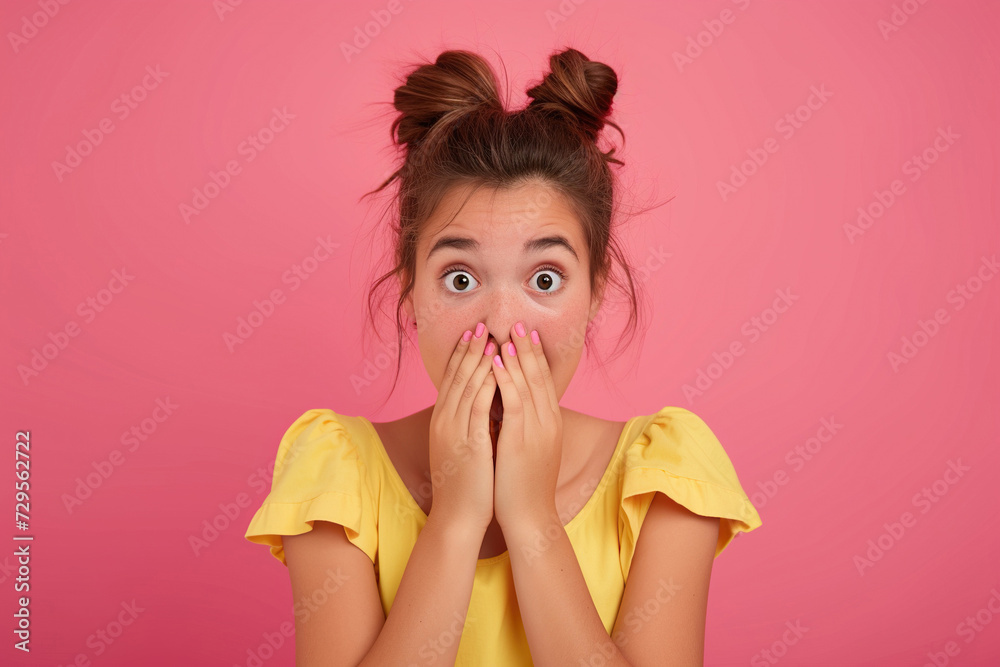 Nervous teenager girl in studio with oops reaction on pink background. Mistake, sorry, drama or secret with regret, shame or awkward Nervous teenager girl in studio with oops reaction on pink background. Mistake, sorry, drama or secret with regret, shame or awkward