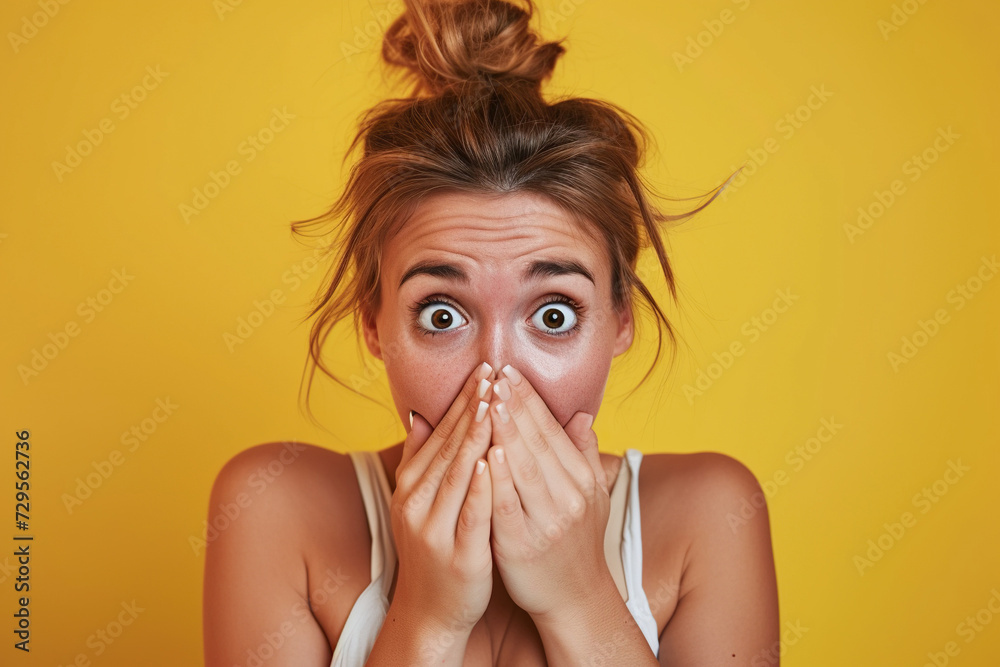 Nervous woman in studio with oops reaction on yellow background. Mistake, sorry and female overwhelmed by fake news, drama or secret with regret. Nervous woman in studio with oops reaction on yellow background. Mistake, sorry and female overwhelmed by fake news, drama or secret with regret.