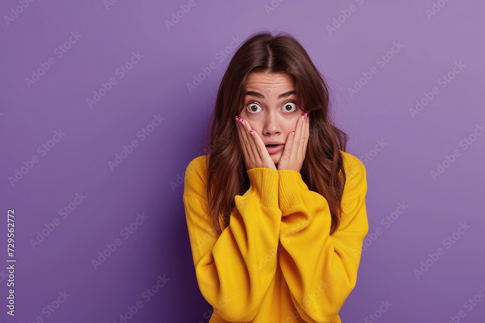 Nervous woman in studio with oops reaction on purple background. Mistake, sorry and female overwhelmed by fake news, drama or secret with regret. Nervous woman in studio with oops reaction on purple background. Mistake, sorry and female overwhelmed by fake news, drama or secret with regret.