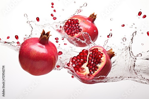 Pomegranate juice splash isolated on white background. Levitation of a pomegranate with a splash of water.