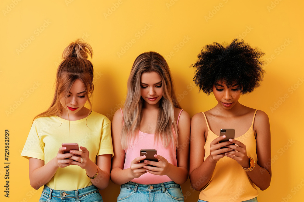 Three beautiful young women looking at smartphones on a orange background