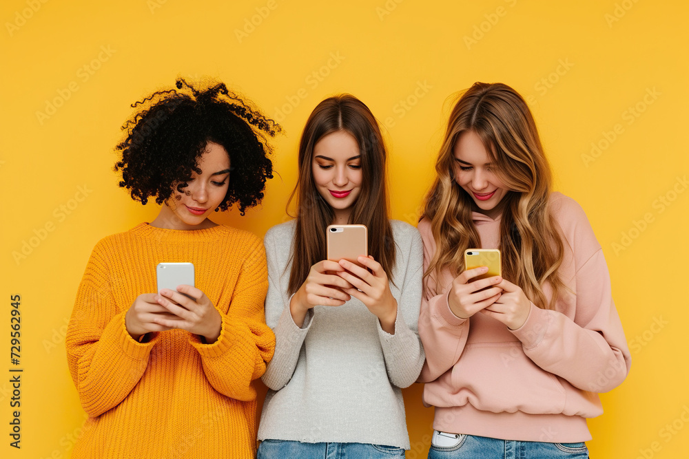 Three beautiful young women looking at smartphones on a orange background Three beautiful young women looking at smartphones on a orange background