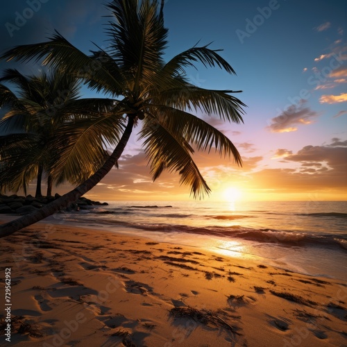 sea sandy beach. Panoramic beach landscape. tropical beach seascape. Orange and golden sunset sky, calm, relaxing sunshine, summer mood. Vacation travel banner © inna717