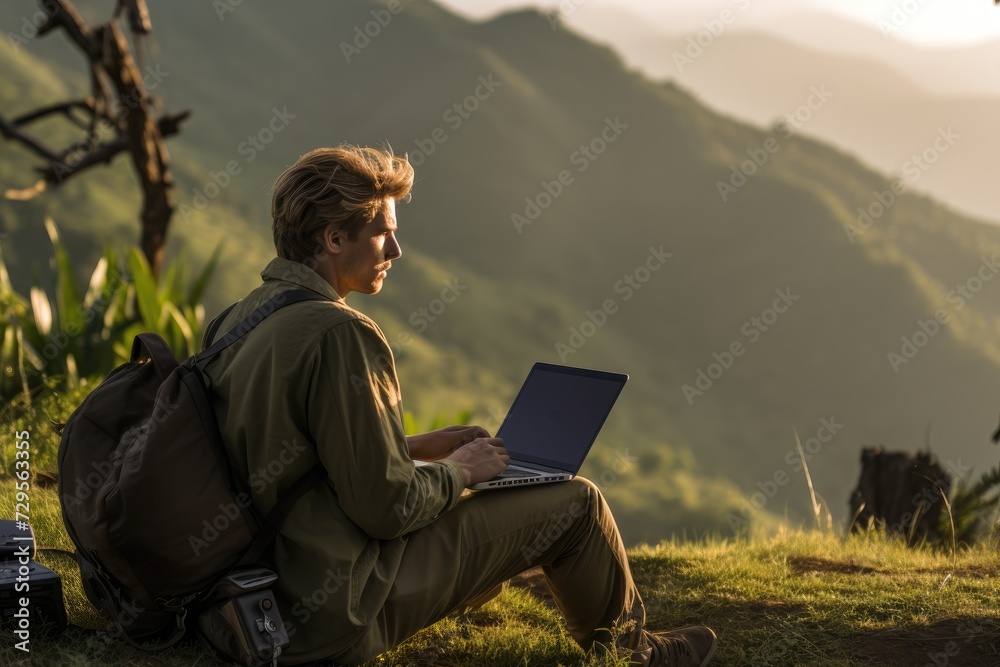portrait of a digital nomad sitting on a hilltop working with his laptop