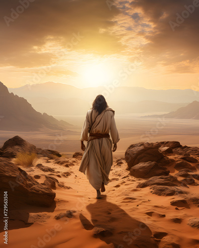 Jesus Christ walking in the desert - from behind