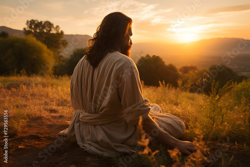 Jesus Christ looks out at a setting sun in the sand dunes	 photo