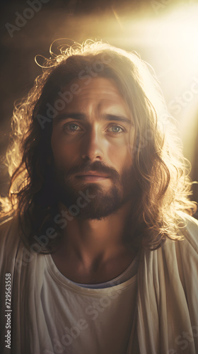 Jesus Christ looking at the camera , sun rays behind
